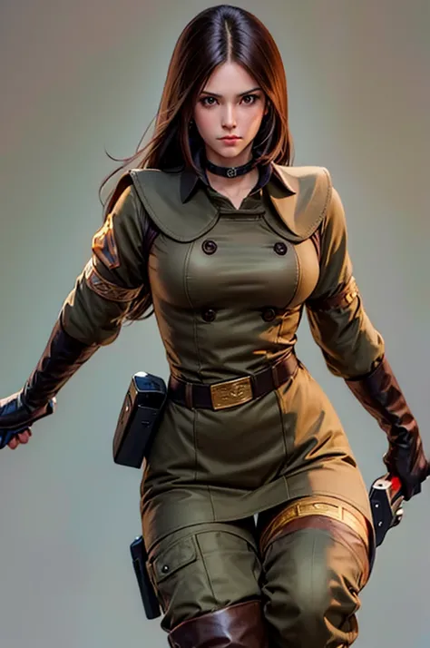 1women, long brown hair, choker, long Brown gloves, boots, belt, military uniform, waist, detailed gun, cute face, whipkof, beautiful body, boots