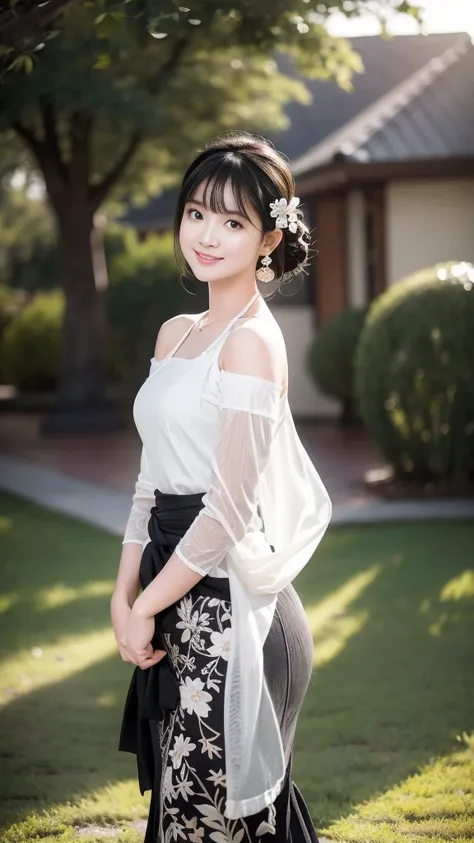 1 girl with hime bangs, 24 year old girl wearing kebaya, (black-white kebaya), wearing a black sarong belt, smile, looking at viewer, hair accessories, side , detached sleeves, wide sleeves, jewelry, earrings, bare shoulders, standing, windy, outdoors, DSL...