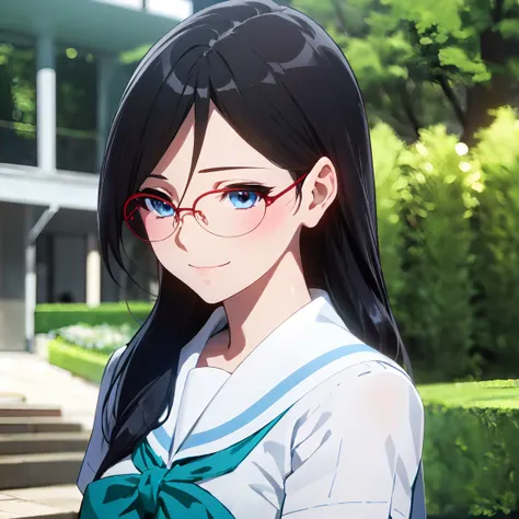 คุณภาพดีatสุด,  masterpieces ,  high definition ,  alone, (garden:1.13), Asuka_Tanaka,  black_hair, long_hair, glasses, Light blue_Eyes,  Red frame_glasses, Beyond the Limit_glasses, Semi-rimless_glasses, hair_ b twin _Eyes, 1 woman,  watch_at_ผู้watch, sm...