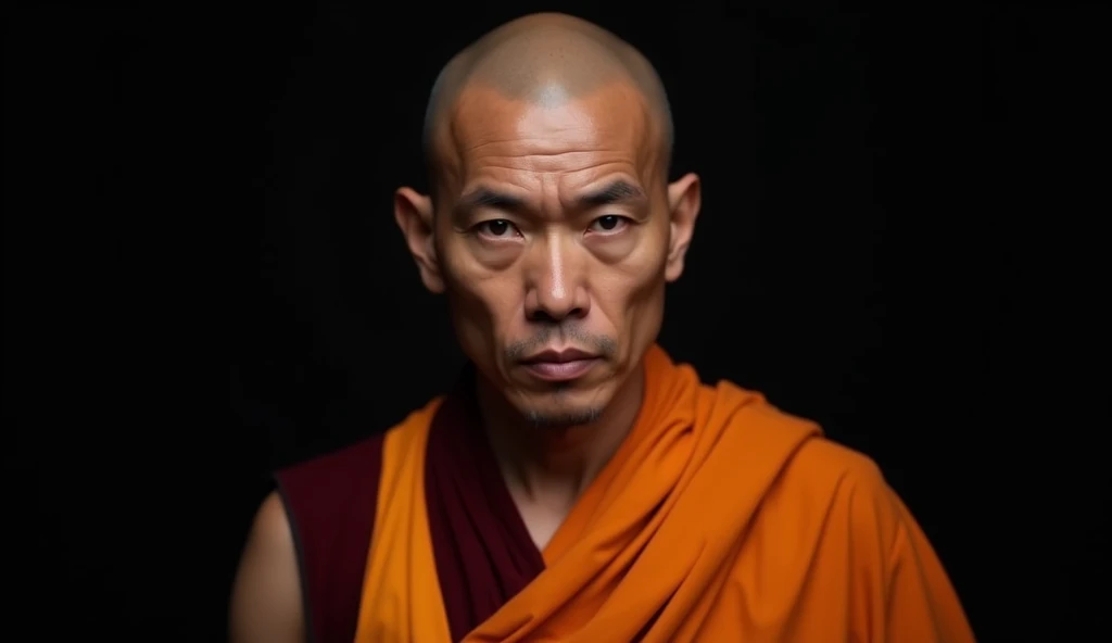 
" create an image High quality ,  8k Ultra HD, of a calm and focused Buddhist monk with a serious expression,  wearing traditional orange tunics ,  set against a dark background .  The monk must emanate inner strength and tranquility . 