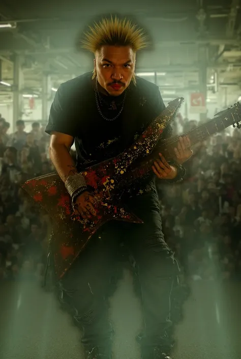 Mohawk haired Indonesian man wearing ripped jeans wearing boots wearing black t-shirt pictured wearing necklace made of chain playing star-shaped metal electric guitar inside airport