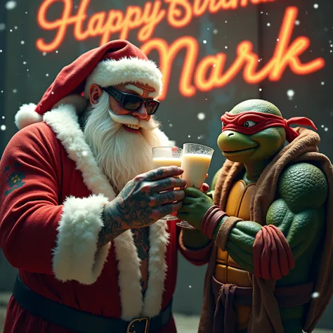 Large tattooed santa, big belly, wears sunglasses with mirrored lenses. Donned in a fluffy Santa robe with hood Belly showing. Raises his glass of milk to his friend. A mature, professor-like Ninja Turtle donned in a fluffy Christmas robe. Their glasses of...