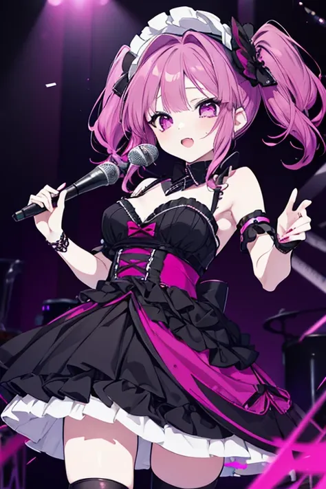 a beautiful woman with pink, purple, and burgundy hair, wearing a sexy gothic lolita dress, powerfully and passionately singing, diva, singing rock music, cool girl, party venue, with an open wound on her abdomen, bleeding