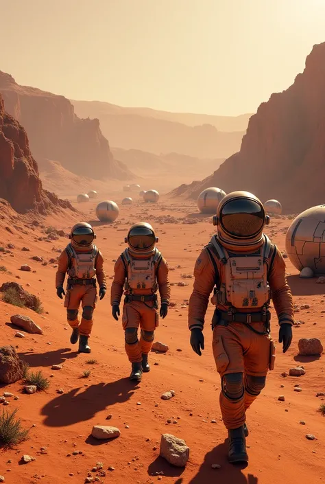 A colony on mars with dome buildings and people in space suits