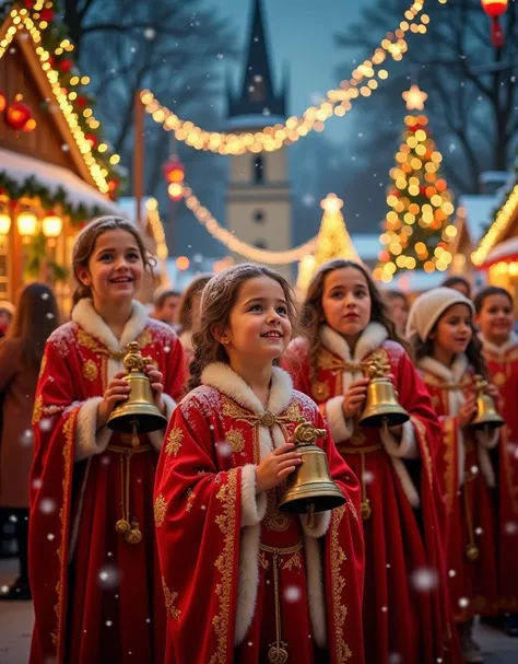 A group of young girls dressed in elegant red cloaks with golden embroidery and white fur trims, performing a magical Christmas bell concert in a beautifully illuminated Christmas market. Each girl holds a different type of bell, including large church bel...