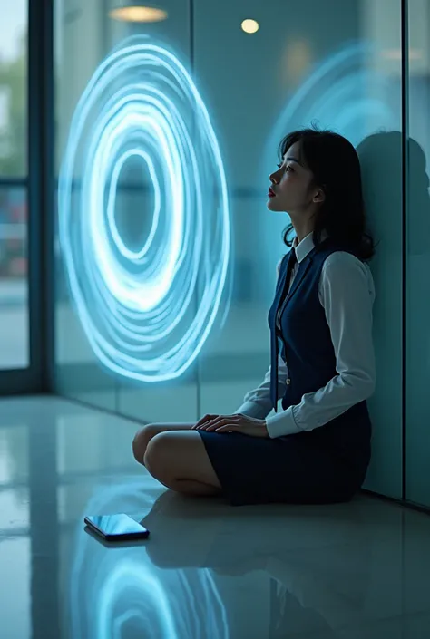 Sexy beautiful Japanese woman, 25 years old, self-defense officer, uniform, navy blue vest, navy blue tie, white shirt, long sleeves, navy blue pencil skirt, beautiful ass, black enamel high heels, Sitting on the floor leaning against a glass wall, a thin ...