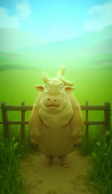 "A rural farmland with a paddy field surrounded by a wooden fence. A fat cow (Motka) stands in front of the fence, looking at a small hole, appearing to plan something clever."