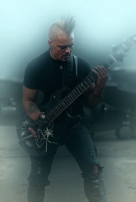 Mohawk haired Indonesian man wearing ripped jeans wearing boots wearing black t-shirt pictured wearing necklace made of chain is playing star-shaped metal electric guitar next to fighter jet