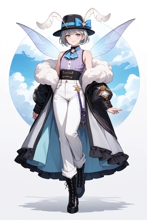 full body, femboy, fully clothed, An illustration, (masterpiece、最high quality、high quality), pure white background, Character design, Character sheet,  sleek fedora hat with a soft, fluffy brim that looks like its made of clouds. The hatband is adorned wit...