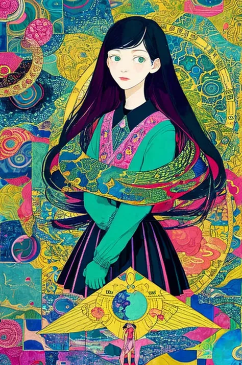 flat color,a girl standing in front of a collage of pictures,(girl and scorpio zodiac sign),collage artwork, nostalgic melancholic artwork, collage art, self photograph collage, inspired by Victo Ngai cmyk palette, collage art background, a contemporary ar...