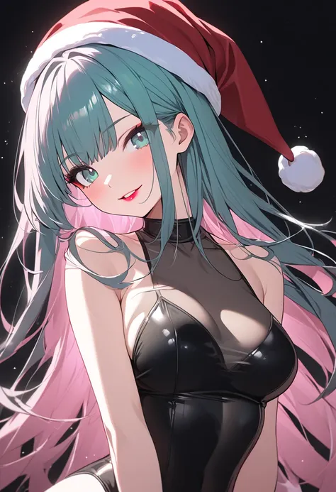 1girl, adult, bowl cut, long hair, from front side,straight hair, Hatsune Miku,  iridescent inner hair, Santa one-piece swimsuit, Santa hat, see-through cleavages, medium large breasts,seductive smile, looking to viewer, head tilt, black background,red eye...