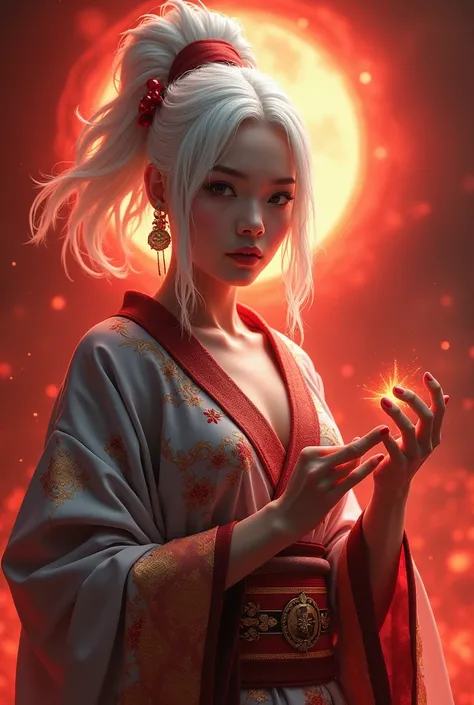 A woman who is a fortune teller holds her hands and white dragon hair is red in the background, and her short-cut clothes are kimonos