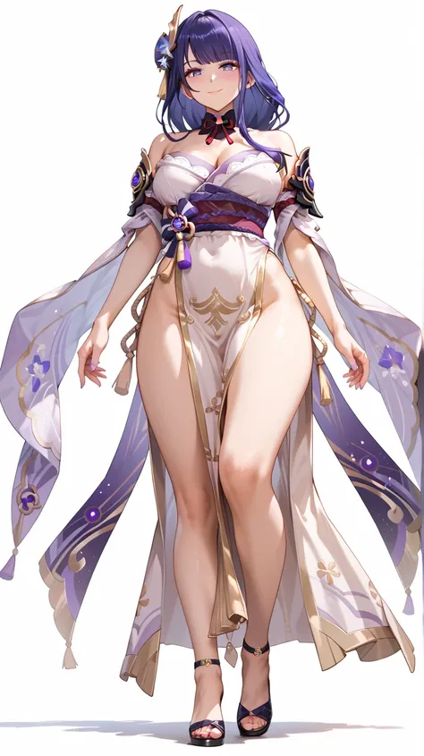 From below front view, Semi realistic, 1woman, raiden shogun (genshin impact), milf body, gentle smile expression, closed mouth, wearing egyptian goddess dress, pelvic curtain, wearing high heels, walking pose, white background