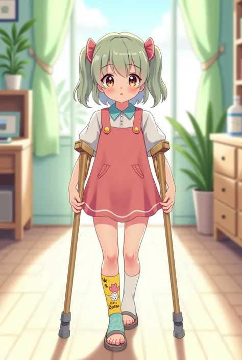 An anime girl with a cast all over her foot walks on crutches