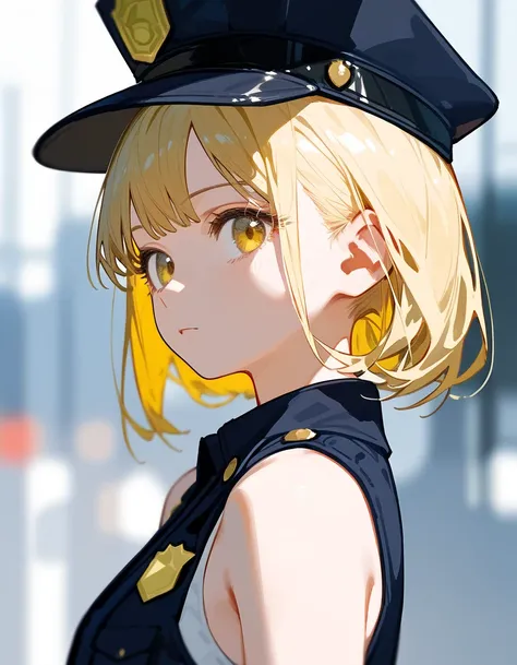  1 girl , , , Anime Girl , Yellow hair,  yellow eyes, Upper part,  Black Police Hat,  White Tank Top, boobs,  blurred background ,  simple background