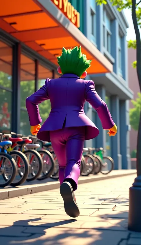 "View from behind Joker as he runs toward a rens bicycle shop. Joker is dressed in his iconic purple suit, with his green hair trailing behind him as he moves. His mischievous grin is visible even from this angle, and his dynamic posture shows excitement a...