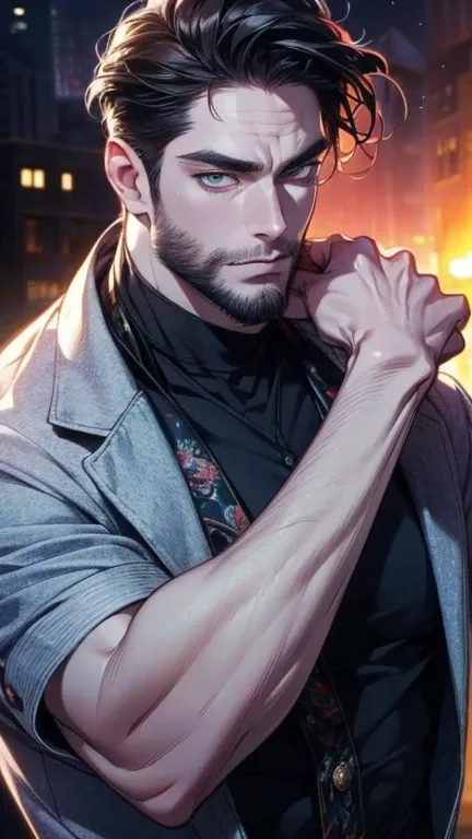 (best quality,4k,8k,highres,masterpiece:1.2),ultra-detailed,(realistic,photorealistic,photo-realistic:1.37),36 year old man,3 day beard,handsome anime,portraits,strong,masculine,dark hair,sharp jawline,mesmerizing eyes,perfectly styled hair,cool anime outf...