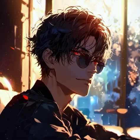 (solo), (1 male), (1 man), handsome men, (one man with black hair, red eyes), short hair, messy hair, sunglasses,((masterpiece)), (dark background: 1.3), (stylish), dynamic angle, (detailed face, detailed eyes, proportional hands, proportional anatomy), si...