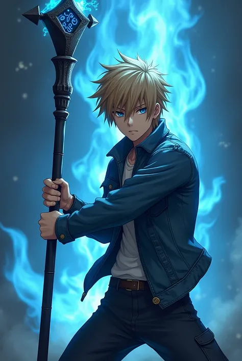 Jaune Arc from RWBY wearing a jean jacket with a missing left sleeve is holding an ancient black staff with glowing runes carved into it and channeling blue flames to protect himself.