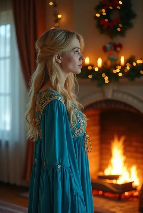 In a house decorated for Christmas Eve, une femme blonde Au cheveux jaune habillé dune robe longue de couleur bleu ciel orné avec des motifs en jade et qui regarde la cheminée, Outside its snowing  ,  profile view 