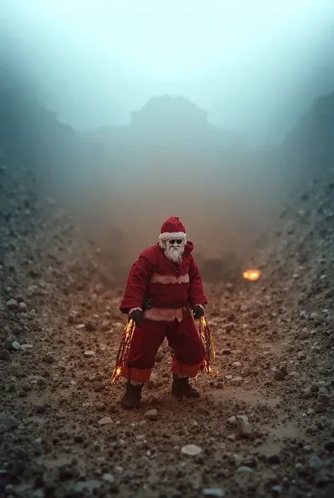 Santa Claus in an open-pit mine ready to detonate with explosives