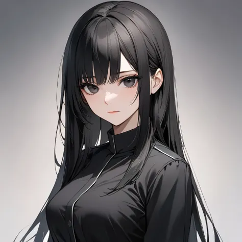 High resolution, high quality, hd, beautiful female, 1 female, mature, beautiful, emotionless, black hair, long black hair, straight hair, bangs hairstyle, black eyed, dark eyes, dark black eyes, medium breasts, black uniform