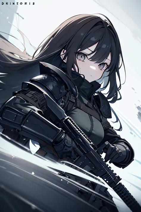 a beautiful girl in combat gear, highly detailed portrait, intricate armor and weaponry, intense battle expression, long flowing hair, strong facial features, dramatic lighting, cinematic composition, hard surface rendering, hyper realistic, muted color pa...