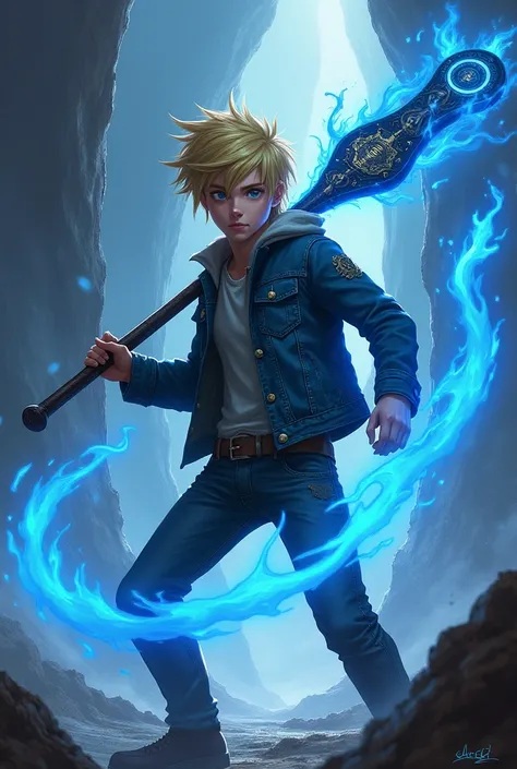 Jaune Arc from RWBY wearing a jean jacket is holding an ancient ebony quarterstaff with glowing runes carved into it and channeling blue flames to protect himself.