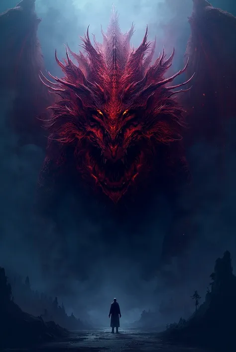 (anime style) (fantasy) a dragon with red scales on a dark background, a horror feel.