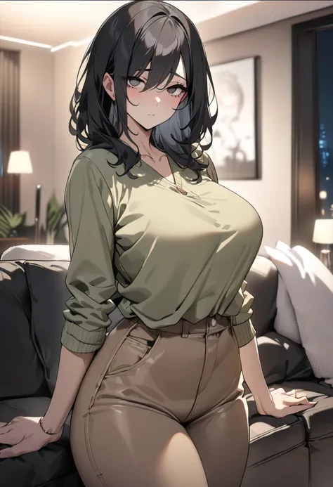 top quality, masterpiece,  high res, 8k,  anatomically correct human body ,  1 girl, Alone,  with expressive black eyes , mature woman, (((Hanging eyes))), ((( black hair))), Busty Wife,  casual fashion, (((cowboy shot))),  are expressionless, Living room ...