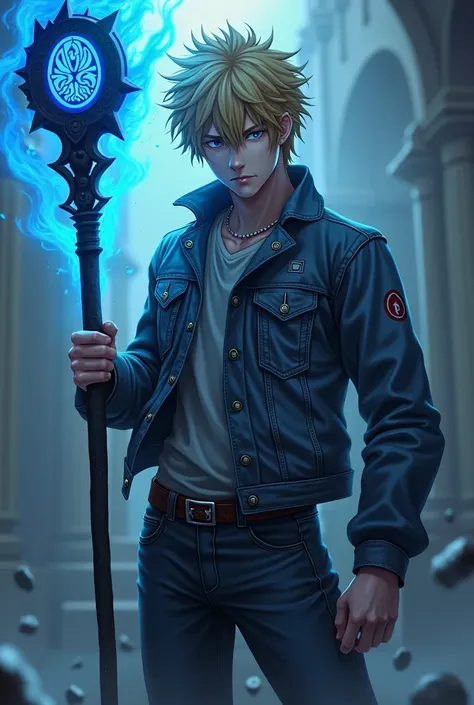 Jaune Arc from RWBY wearing a jean jacket with a missing left sleeve is holding an ancient black staff with glowing runes carved into it and channeling blue flames to protect himself.