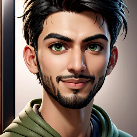  Create a half-length portrait of a cartoonish cartoon 3D animation of a big head. a 25-year-old Pakistani man .  She has short black pixie-style hair . Your face is oval with soft lines,  thick and well-groomed black eyebrows , normal eyes, A small one, s...