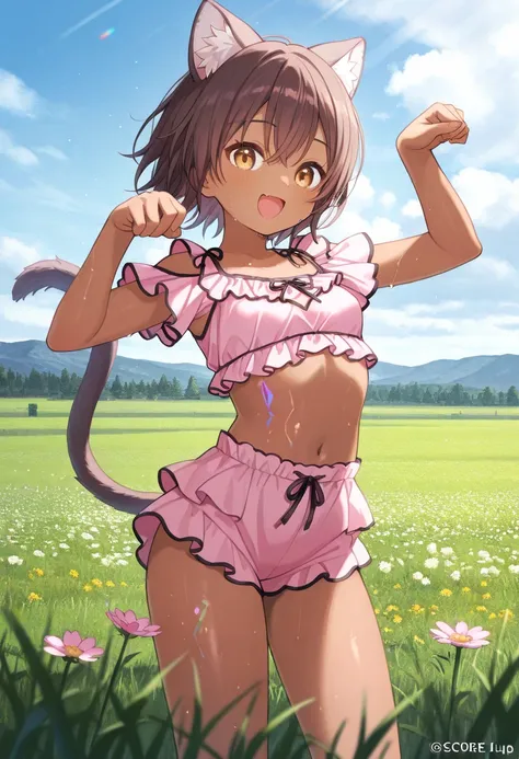  top quality 、 on the body Be careful、grassland、 One Girl 、 standing、 brown skin next to a woman、Brown cat ears and tail 、 slender body、Slender legs、Tiny breasts、 shiny dark brown hair 、 short hair、 cute shirt with frills、smile、 the wind is blowing、 Colorf...