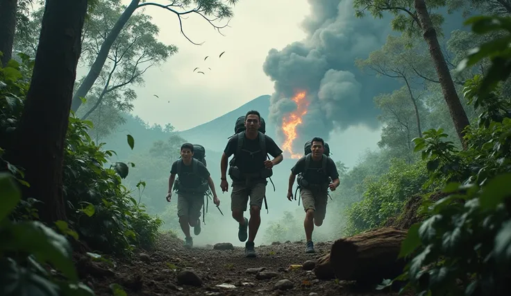 Three Indonesian climbers chased by thick smoke from a very powerful volcano. Many trees fell down. Many in the middle of the forest. Many leaves.