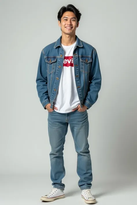 Professional photography shows a handsome white skinned Indonesian man standing for a pose, wearing a Levis jean jacket, a white t-shirt with EPG written on it, jean pants, high white converse shoes, they are smiling friendly towards the camera, Very reali...