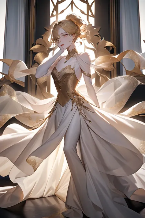 Young man wearing a gown of shimmering silk in a pale, ethereal shade that seems to glow against his porcelain skin. Delicate lace trims the bodice and hem, while the skirt flows in soft waves down to the floor.They style his golden hair in an elegant updo...