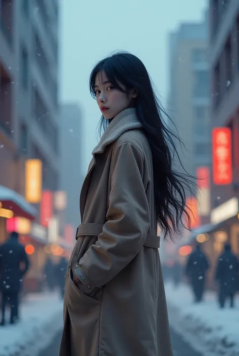  One Girl 　 Japanese　 long hair　City　whole body　 standing　winter　 wearing a coat　 big breasts　Fair skin　 high image quality