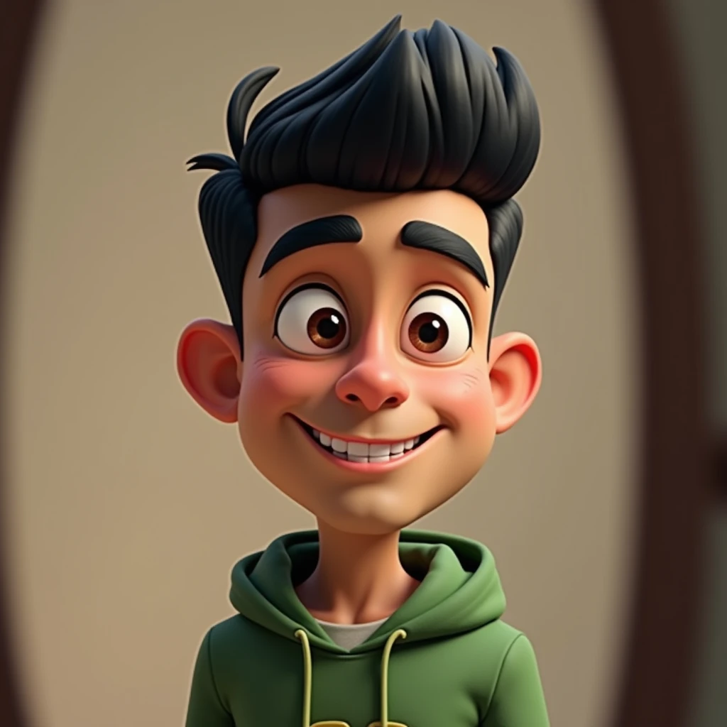  Create a half-length portrait of a cartoonish cartoon 3D animation of a big head. a 25-year-old Pakistani man .  She has short black pixie-style hair . Your face is oval with soft lines,  thick and well-groomed black eyebrows , normal eyes, A small one, s...