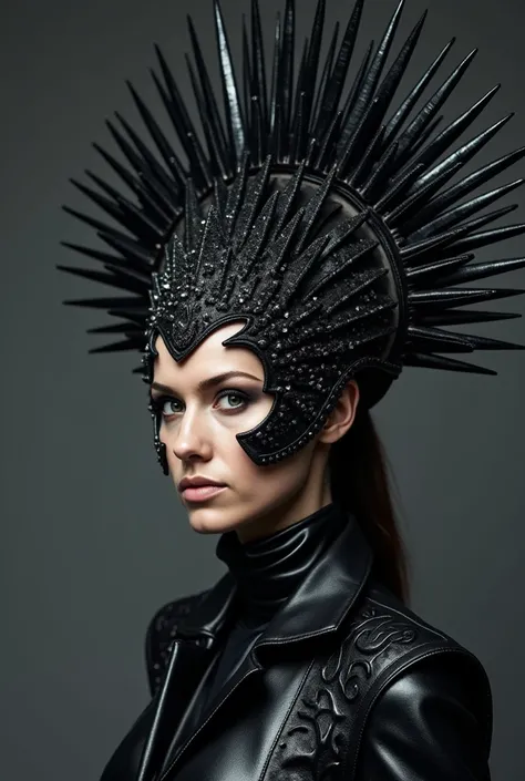 A close-up portrait of a person wearing a dramatic, ornate headdress with radiating spikes and metallic embellishments, set against a stark, dark gray background; the attire and headdress is entirely black and metallic, with prominent textures and a sharp,...