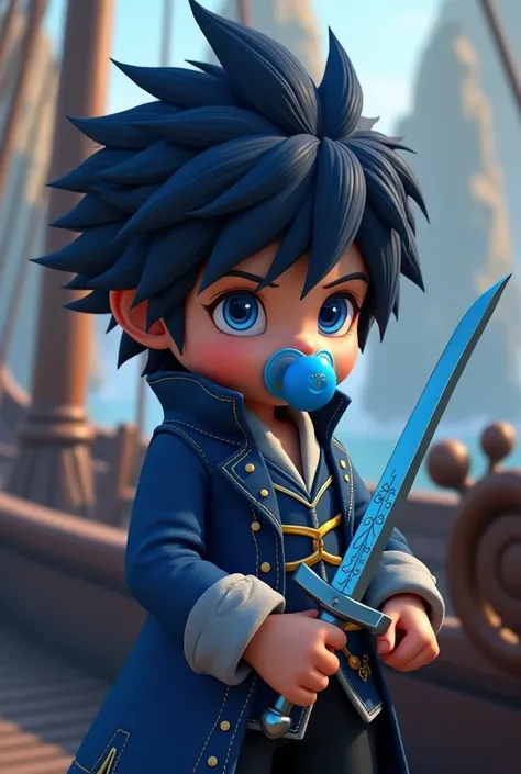 Create Kingdom Hearts style a handsome fluffy black baby boy with short blue hair with blue eyes with a blue pacifier wearing a blue Victorian jacket with details holding a light blue metallic scimitar-style small sword well curved on a medieval ship 