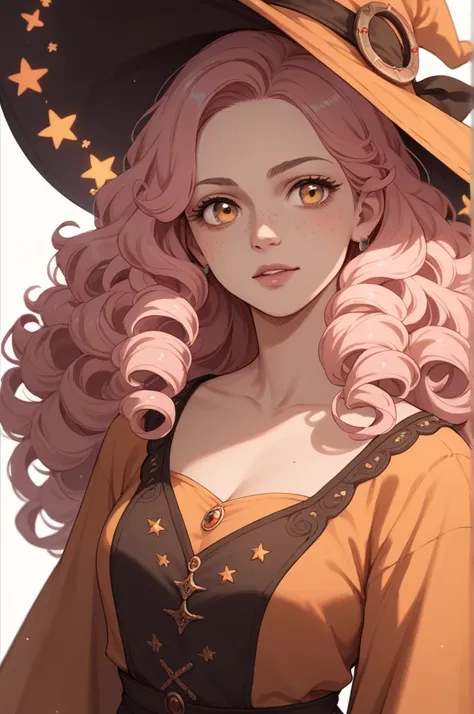 a 23 year old woman, beige skin, light pink curly hair, amber eyes, is wearing a colorful witch dress