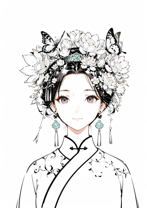 masterpiece， top quality，Portrait of a Girl ， black hair on the stadium，Smile，Chinese clothing，Hanfu，Lotus， lots of flowers ，头上插着 lots of flowers ，Butterfly，earring，pearl，Chinese style tassel ，sketch，sketch，line，Black and white comics，Black and white style...