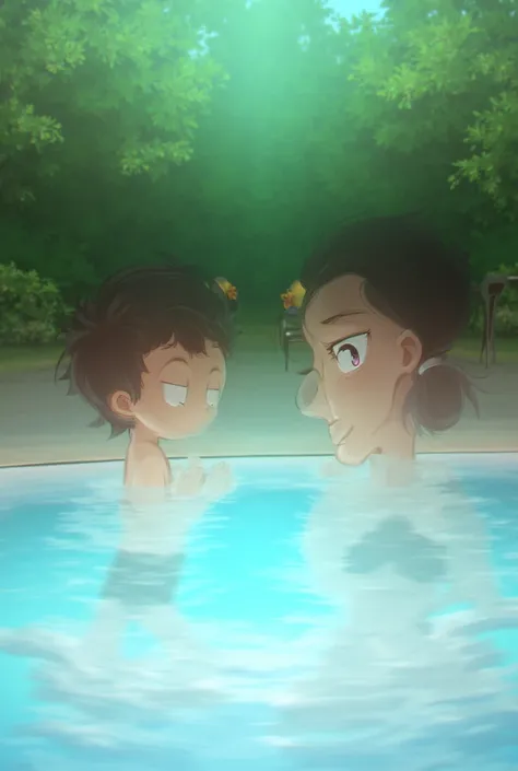  asking his mother if he can go into the pool, anime style