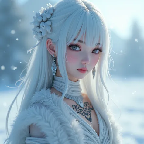 1girl, Solo, she have attractive,hot and sexy body, absurdle long hair, background Frost, fantasy world, frozen clothes, tattooed body, earring jewelries, 8k, hd, bandages covering our body, snow woman, white aura, chest armour, cloth is flying, ultra deta...