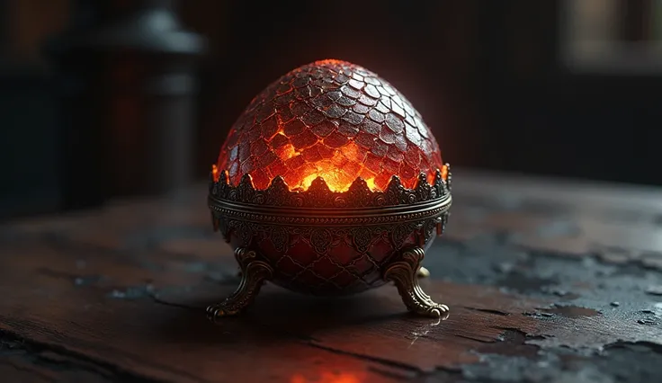 Jewelry Box: A small jewelry box shaped like a dragon egg, glowing faintly red from the inside