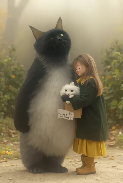 ultra-realistic, photorealistic, dramatic scene, shadow, global-illumination, (the human-like very large black cat wearing a white smock is standing holding a cardboard box in a park), (A white kitten is hiding in a cardboard box and its face peeking out),...