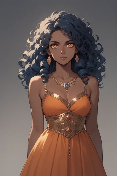 a 23 year old woman, dark skin, dark blue curly hair, orange eyes, is wearing a rpg princess dress