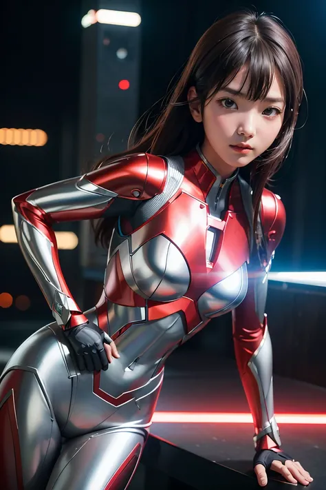 Ultraman、realistic、realistic、cinematic lighting, Girl in a shiny red and silver suit、************、professional photos、Don&#39;Do not expose your skin, japanese model, japanese cgi、Ultraman Suit、, Power Rangers Suit、tight and thin cyber suit,Whole body rubb...