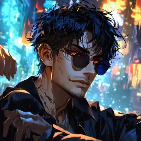 (solo), (1 male), (1 man), handsome men, (one man with black hair, red eyes), short hair, messy hair, sunglasses,((masterpiece)), (dark background: 1.3), (stylish), dynamic angle, (detailed face, detailed eyes, proportional hands, proportional anatomy), si...