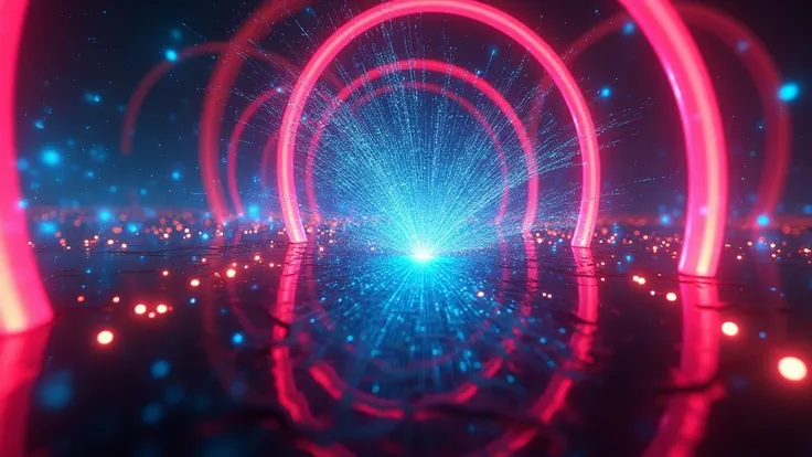 A neon lit simple outlined rainbowish abstract curly background at night, line art, (((mirrors))). (closeup matrix glowing code bursting outward). cinematic lighting, ray tracing.